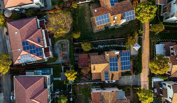 solar panels on houses birds eye view